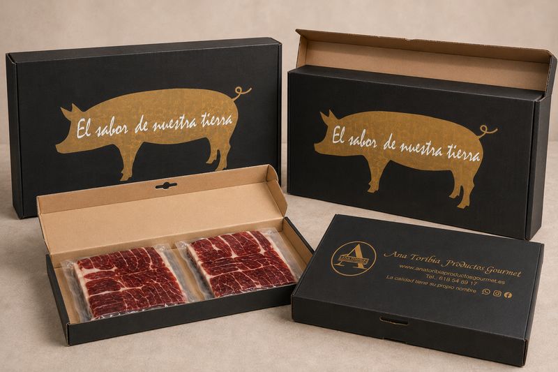 Caja abierta con el interior impreso y el producto colocado