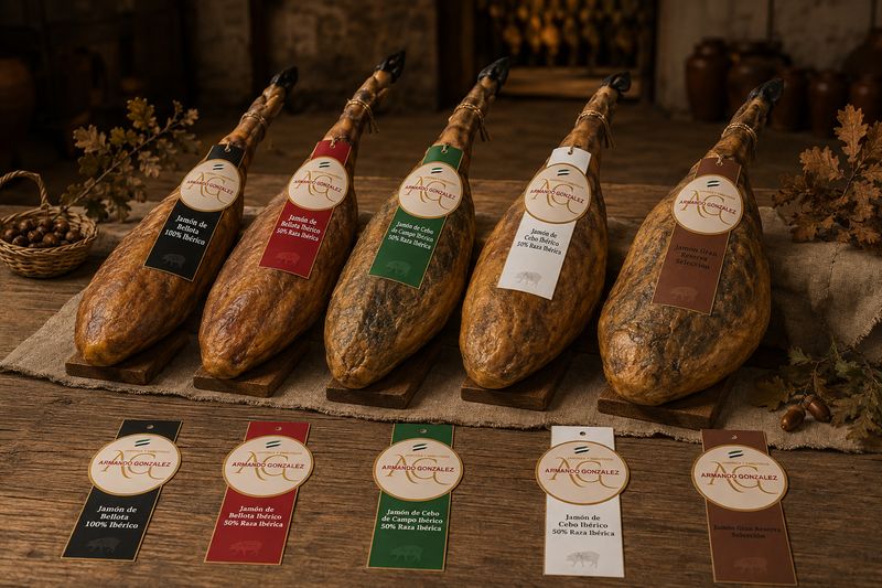 Jamones ibéricos colgados con vitolas y etiquetas de identificación por gama