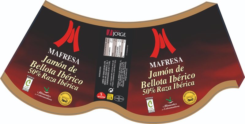 Dos vitolas de la gama de jamón de bellota ibérico con fondo granate y filete dorado